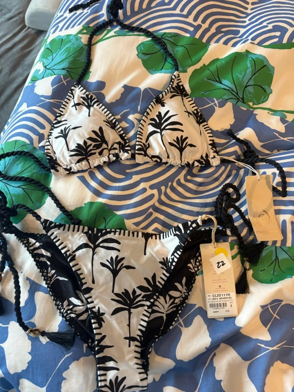 NWT Cosita Linda luxury Black & White Palm-Print Triangle Bikini Set, medium - Picture 6 of 11
